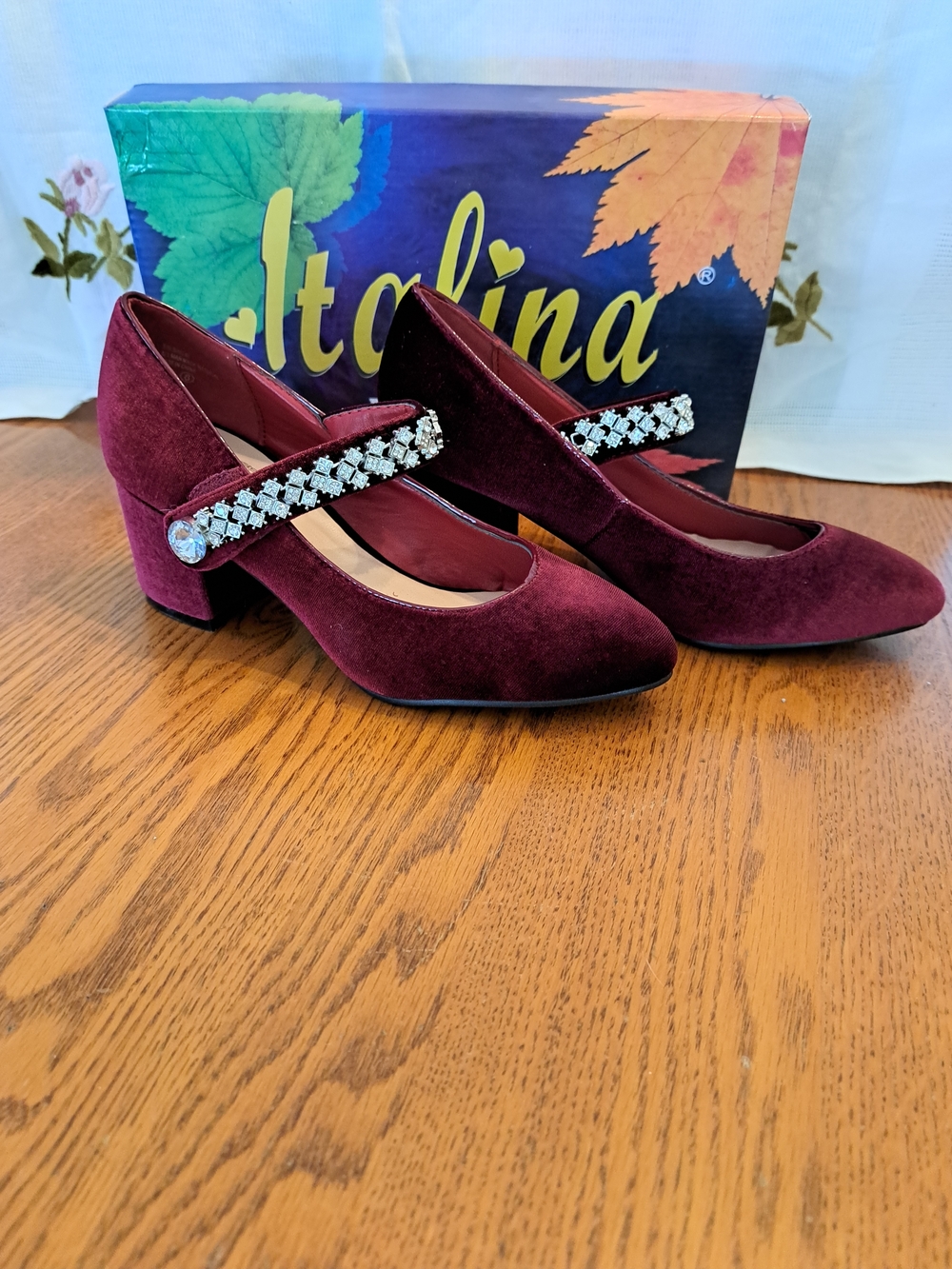 Italina Women's Burgundy Velvet Mary Jane Heels